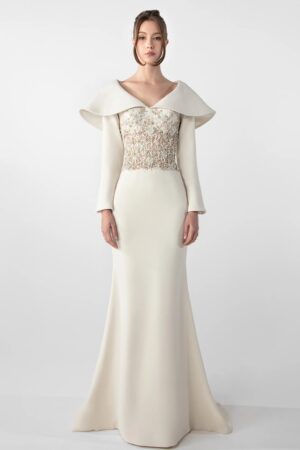 Home mermaid crepe dress with embroidered bodice