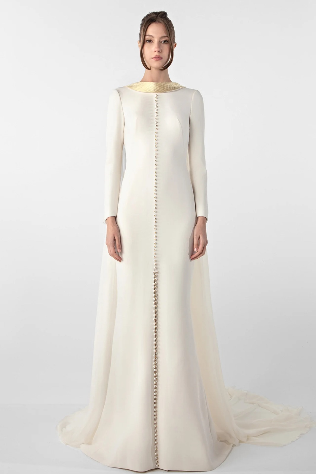 crepe dress with metallic collar and chiffon cape crepe dress with metallic collar and chiffon cape