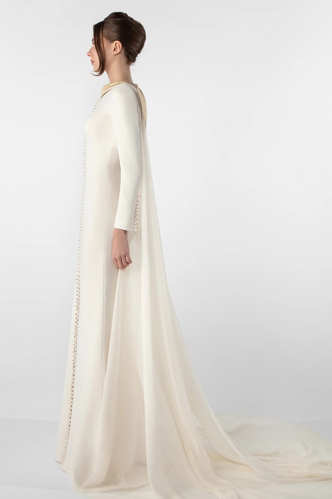 crepe dress with metallic collar and chiffon cape crepe dress with metallic collar and chiffon cape