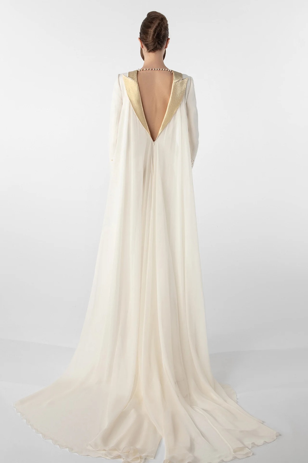 crepe dress with metallic collar and chiffon cape crepe dress with metallic collar and chiffon cape