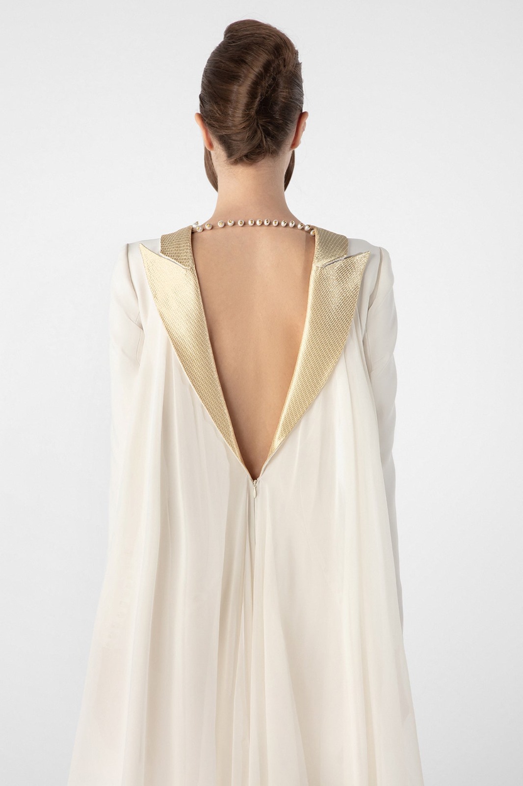 crepe dress with metallic collar and chiffon cape crepe dress with metallic collar and chiffon cape