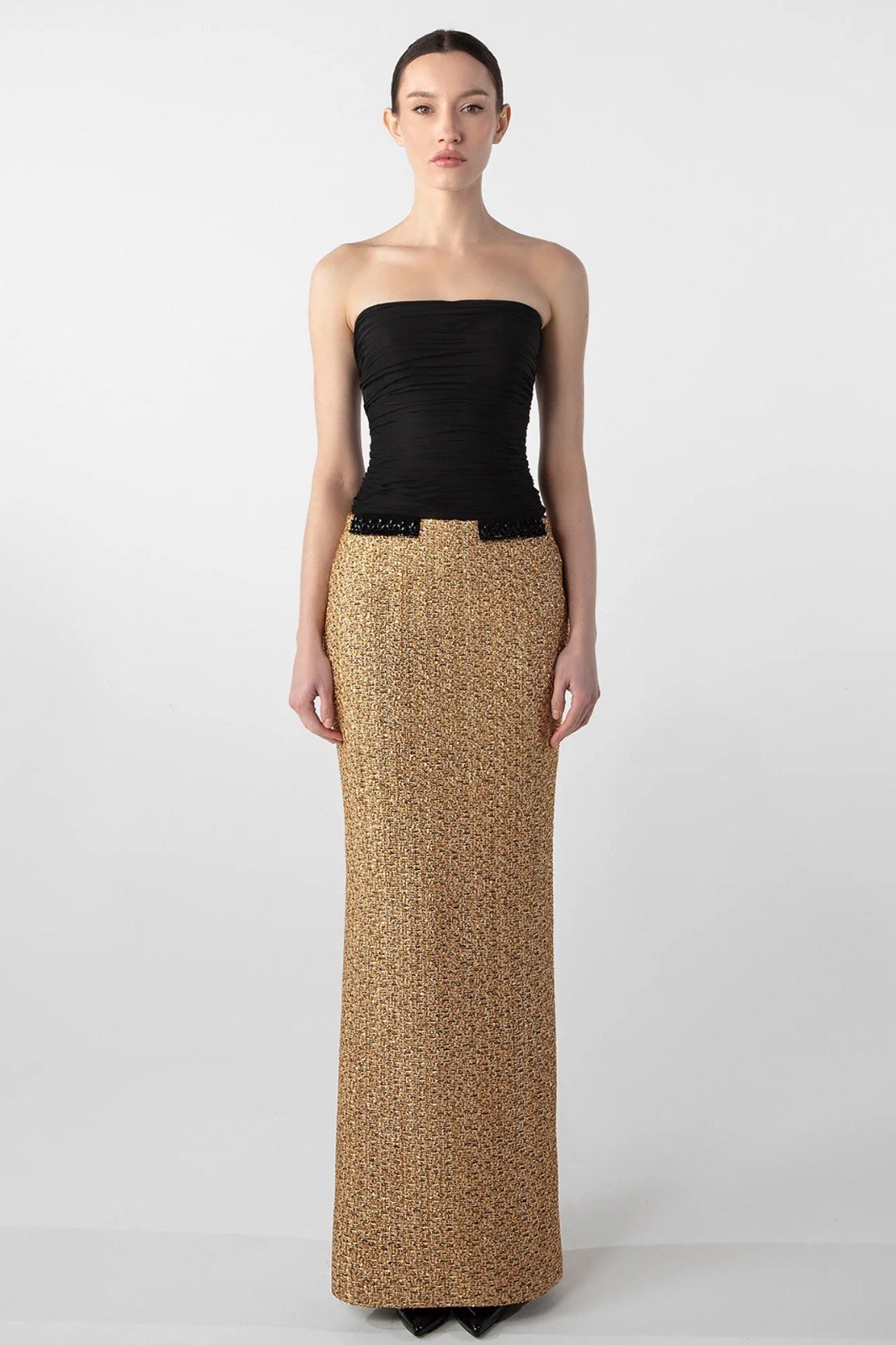 strapless draped chiffon and tweed column dress strapless draped chiffon and tweed column dress