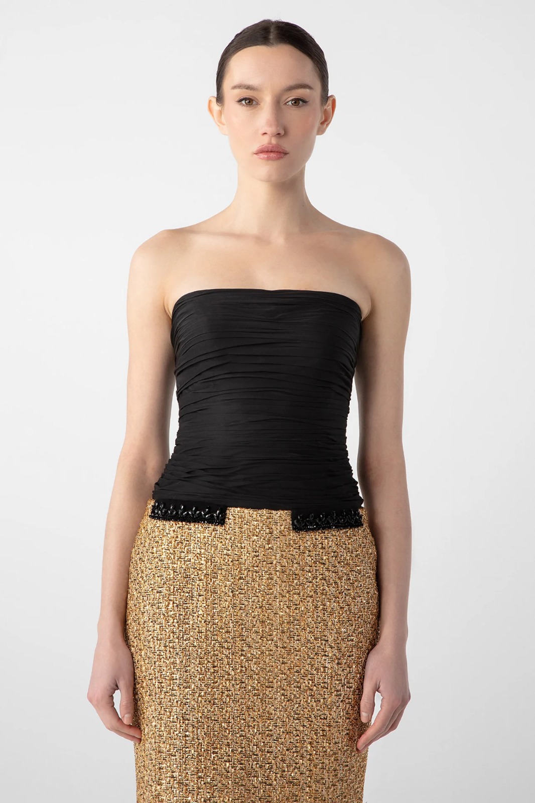 strapless draped chiffon and tweed column dress strapless draped chiffon and tweed column dress