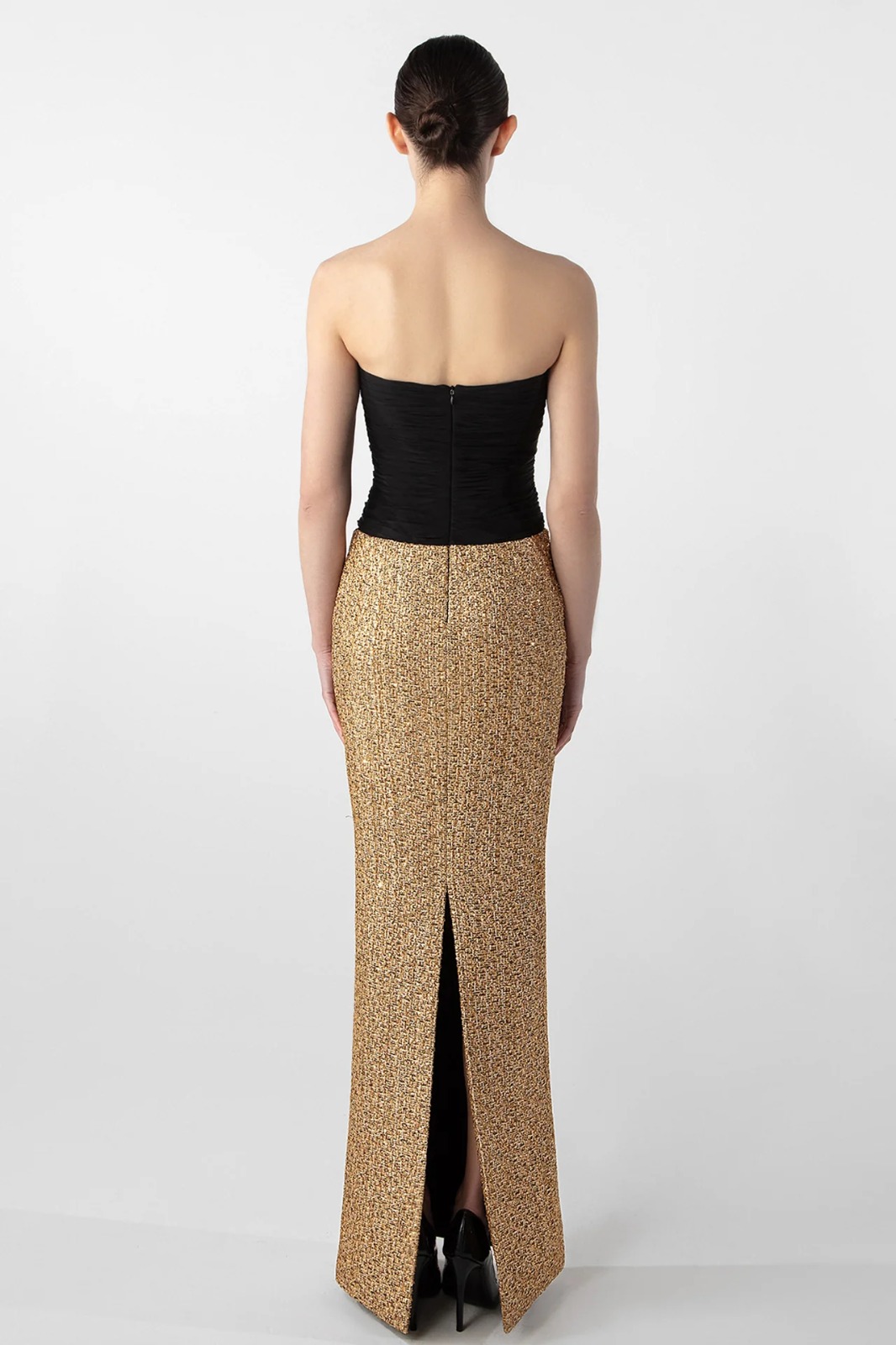 strapless draped chiffon and tweed column dress strapless draped chiffon and tweed column dress