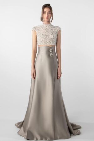 hand embroidered pearl top and mikado skirt set