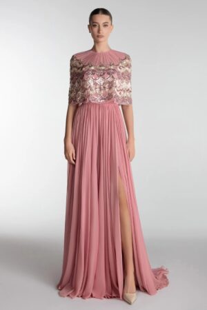 Home embroidered cape gown with slit