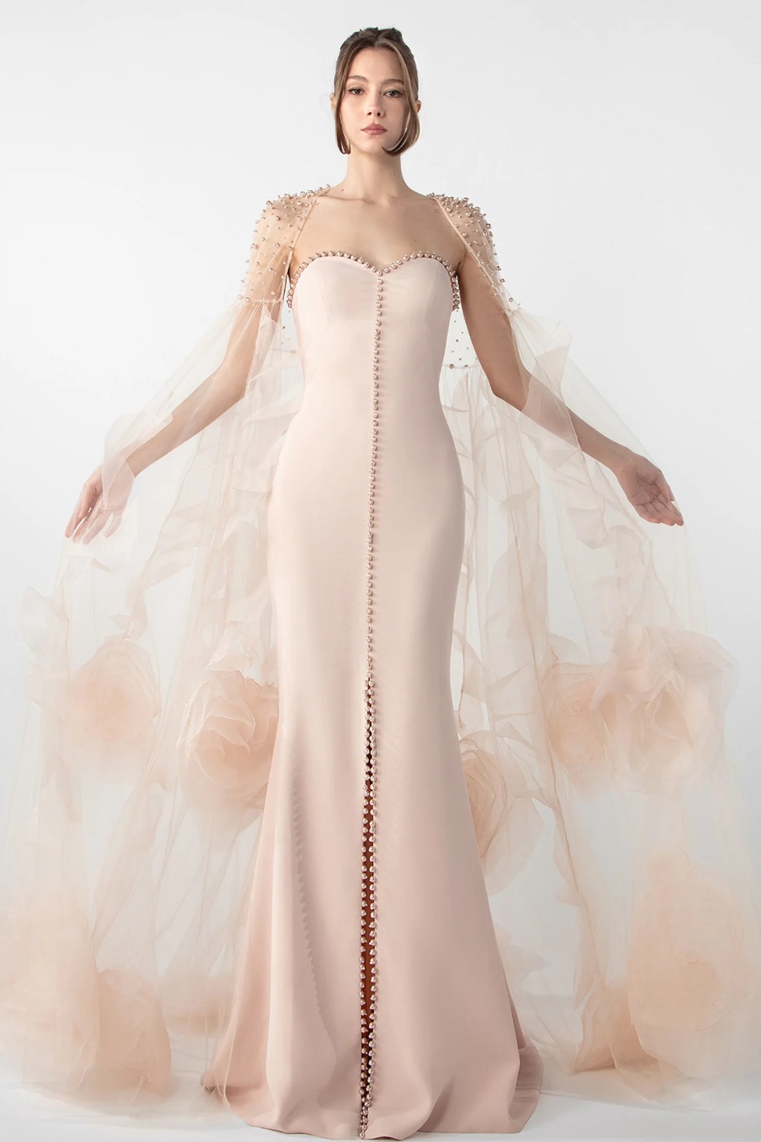 strapless dress with embroidered cape and organza flowers strapless dress with embroidered cape and organza flowers